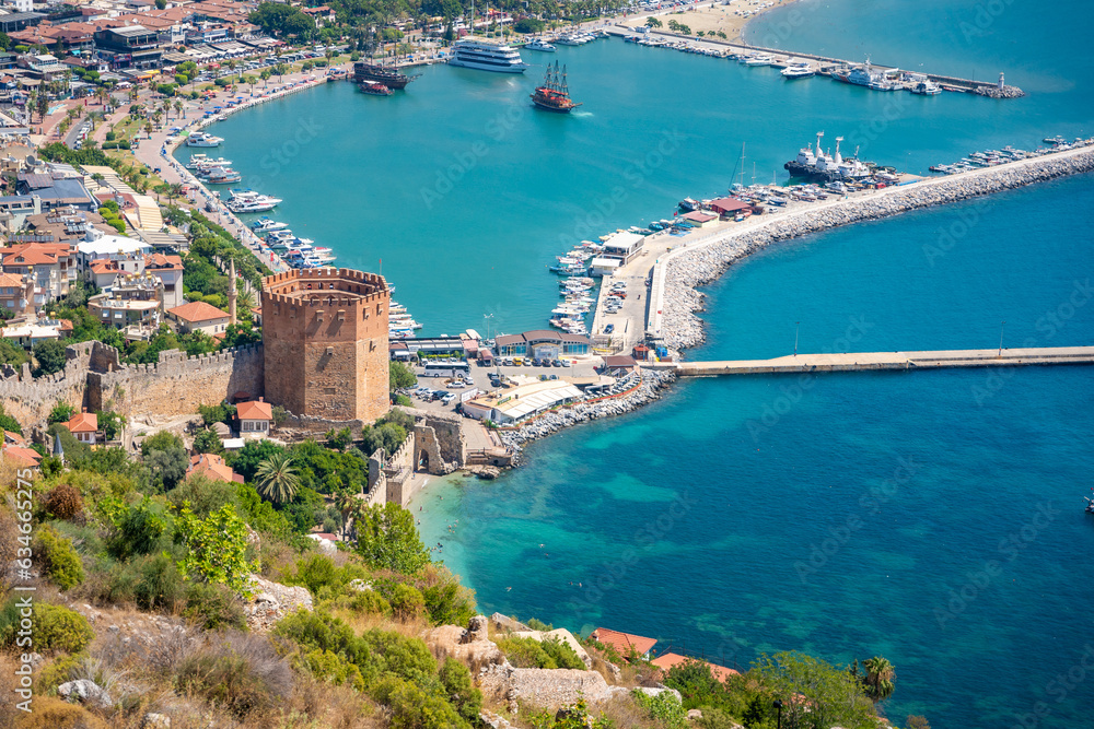 Panoramic view of the harbor of Alanya on a beautiful summer day, Turkey 