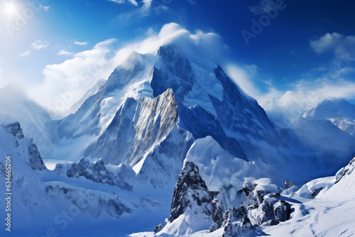 A huge mountain covered with snow and ice against a blue sky. Generative AI © xartproduction