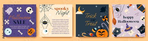 Happy Halloween holiday square templates set. Helloween party festive design for social media post, sale, frame, card, banner, web advertising, internet ads. Vector illustration