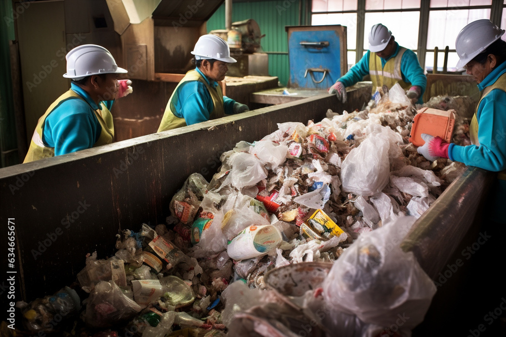 A sorting station where people sort garbage into different parts. Generative AI A sorting station where people sort garbage into different parts. Generative AI