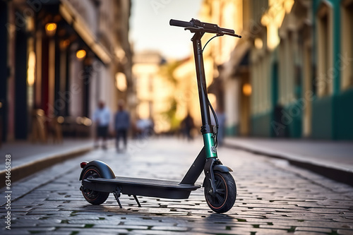 Eco-Friendly E-Scooter in the Heart of Urban City Sustainable Transportation Solution for Modern Metropolises. created with Generative AI