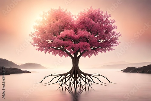 pink flowers on tree with roots at the river side generated by AI tool