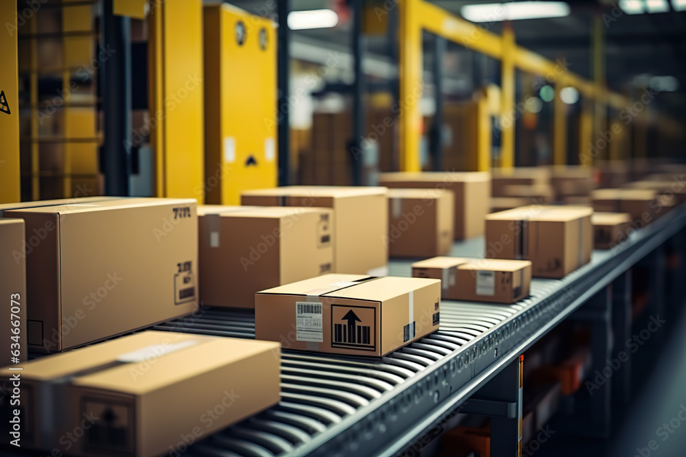 Efficient Post-Delivery Warehouse Operations Conveyor Belt Sorting of Cardboard Boxes and Packages in a Busy Storage Facility. created with Generative AI Efficient Post-Delivery Warehouse Operations Conveyor Belt Sorting of Cardboard Boxes and Packages in a Busy Storage Facility. created with Generative AI