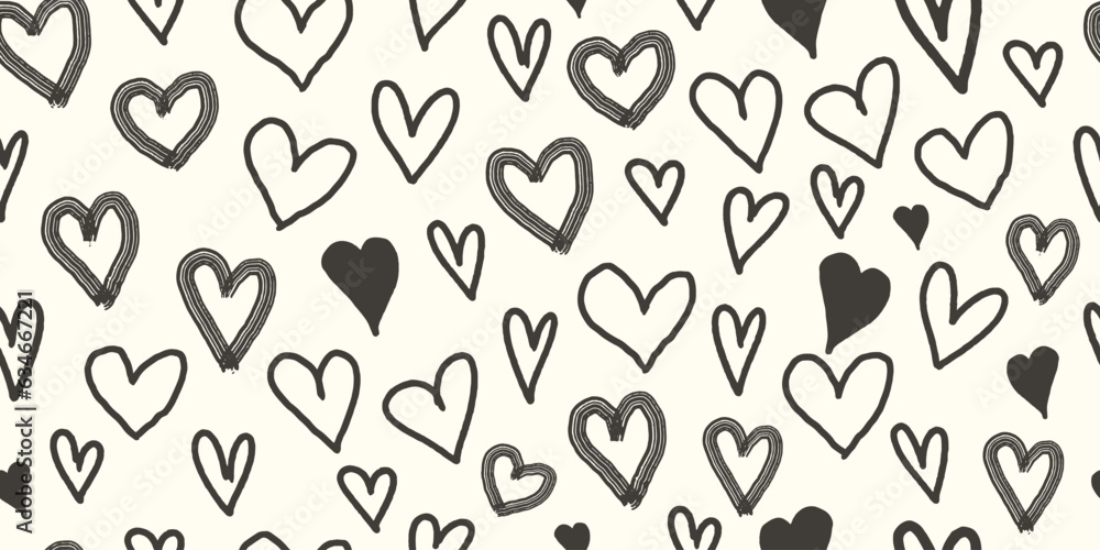 Love, hearts seamless pattern in 90s, 2000s style. Y2k doodle heart repeating print. Romantic endless texture. Valentine's Day background design. Cartoon vector illustration