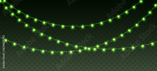 Christmas garland, glowing green light bulbs string. Xmas, New Year, wedding or Birthday lights isolated on a dark background. Vector party event decoration. Winter holiday season element.