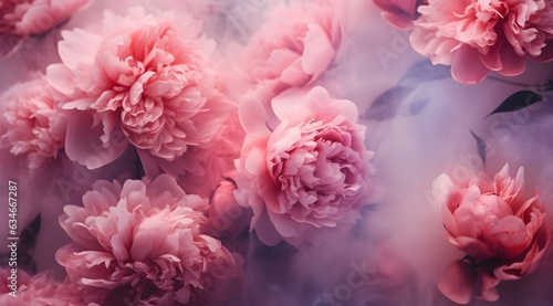 flower peonies, background, summer, bright summer fresh flowers with dew drops, in blur, fog, flower background for phone, AI generated