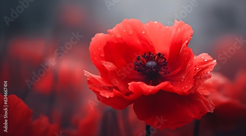 Fototapeta Naklejka Na Ścianę i Meble -  flower red poppies background, summer, bright summer fresh flowers with water drops, in blur, fog, flower background for phone, AI generated