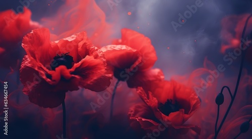 flower red poppies background, summer, bright summer fresh flowers with water drops, in blur, fog, flower background for phone, AI generated