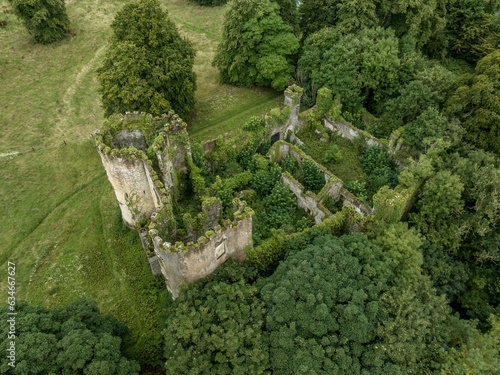 Aerial view of ruined and overgrown Buttevant or Barry's castle on the Awbeg river in County Cork Ireland with large circular towers  © tamas