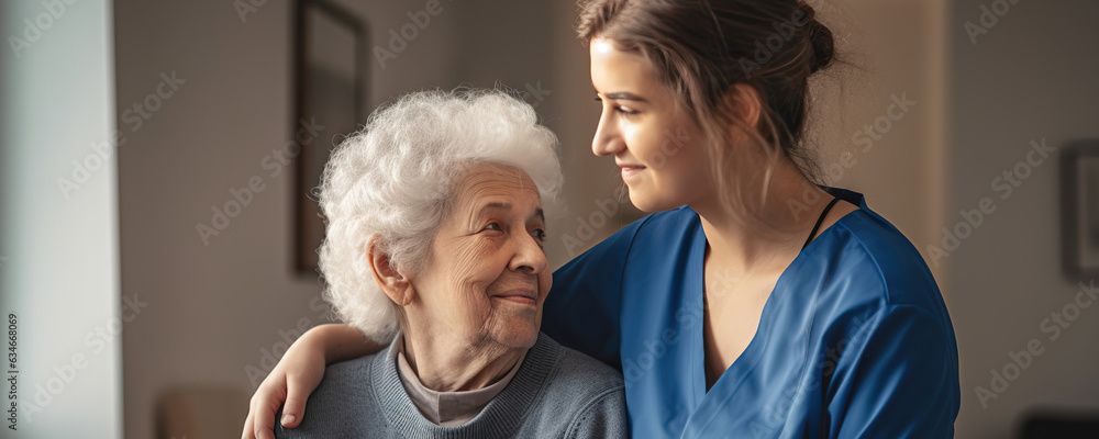 Caregiver assisting senior woman at home