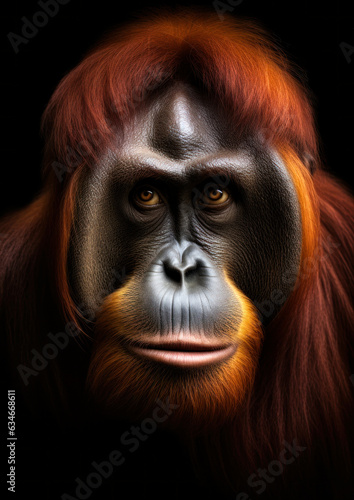 Animal face of a wild orangutan on a black background conceptual for frame