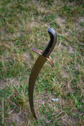 Yakushyntsi, Ukraine - 24.07.2021: traditional sabre of Zaporozhian Sich kozak, effective and light cold cavalry and infantry weapon with curved blade at Living Fire Midsummer Pagan Ethno festival
