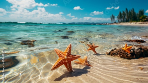 Tropical coast and seascape with clear water and starfish. Summer vacation, vacation, travel, tropical countries. Generative AI.