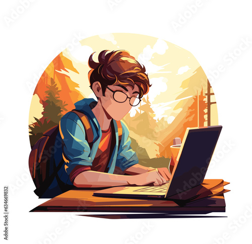 Vector student with laptop education or studying concept vector illustration a young boy studying on a laptop