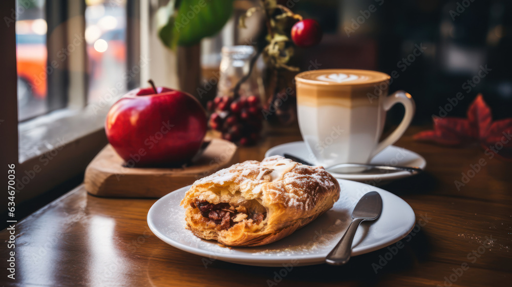 A cup of coffee and a piece of apple strudel on a table in a cafe A cup of coffee and a piece of apple strudel on a table in a cafe