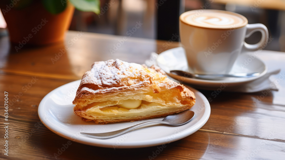 A cup of coffee and a piece of apple strudel on a table in a cafe