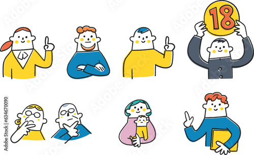 考えたり提案したりしている老若男女　セット　イラスト素材
