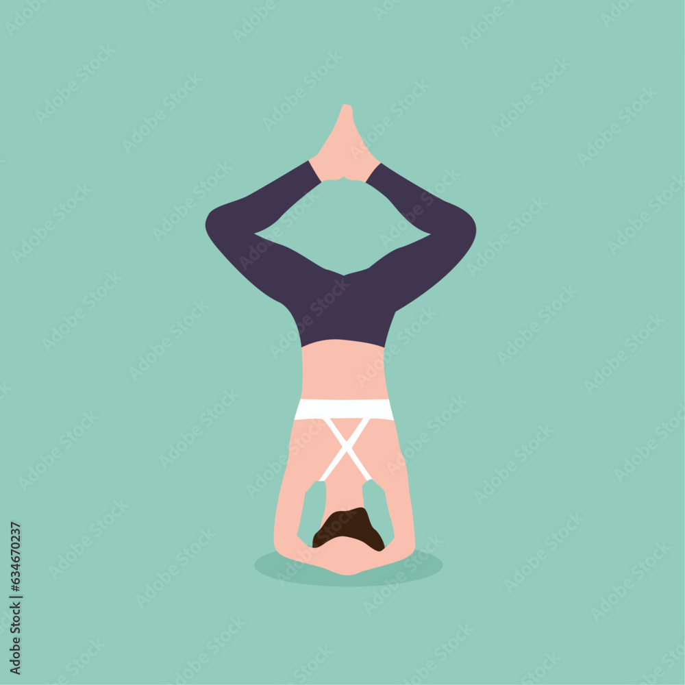 Vector illustration of woman practicing bound angle headstand yoga in
