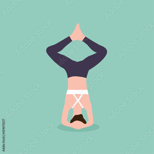 Vector illustration of woman practicing bound angle headstand yoga in Baddha Kona Sirsasana.
 photo