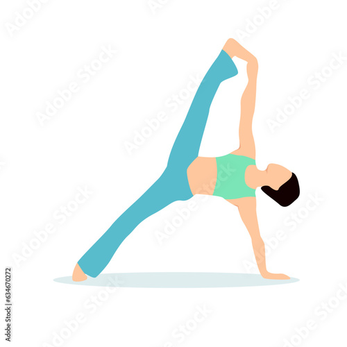 Vector illustration of young girl doing yoga exercise in (Eka Pada Vasisthasana) one leg side plank rotation pose. 