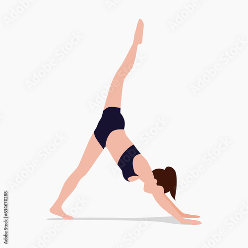 Vector illustration of Gymnast girl in standing split pose Urdhva Prasarita Eka Padasana yoga.
 photo
