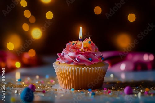 cupcake with a candle on a dark background with bokeh, confetti © КРИСТИНА Игумнова