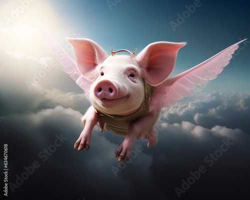 Happy cute flying pig with pink wings in the air. An abstract scene with animal levitate in the clouds. Minimal creative concept.
