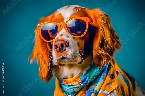 funny hipster dog in sunglasses and clothes in the studio on a bright background. Image generated by AI © КРИСТИНА Игумнова