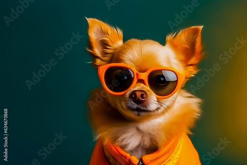 funny hipster dog in sunglasses and clothes in the studio on a bright background. Image generated by AI