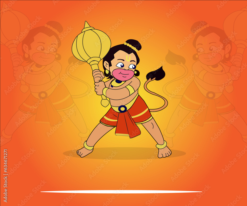 Vector illustration poster of Hindu God Hanuman standing with a gada in his hand.
