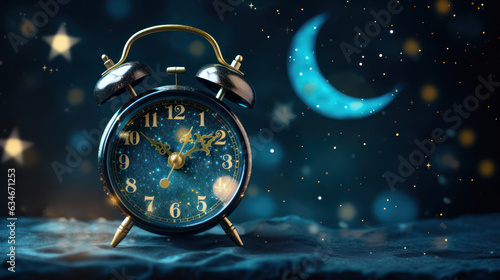 An alarm clock and the moon, in the style of dark teal and dark sky - blue, festive atmosphere