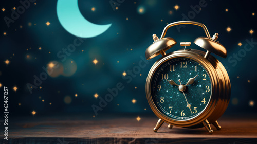 An alarm clock and the moon, in the style of dark teal and dark sky - blue, festive atmosphere