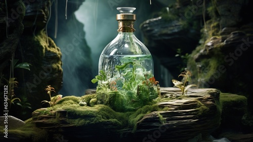  a glass bottle filled with plants and moss on a rock. generative ai