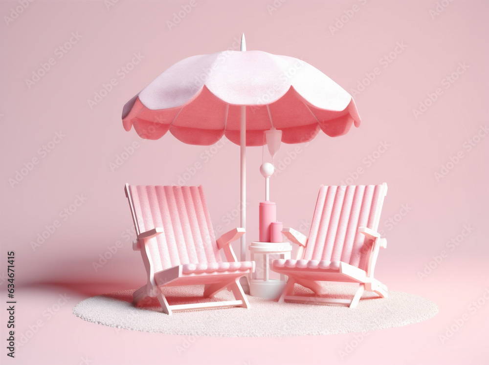 parasol vacation umbrella holiday chair summer sun sand pink retro. Generative AI.