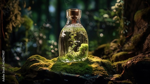  a bottle filled with water and plants sitting on a moss covered ground. generative ai