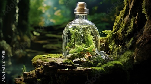  a glass bottle filled with green plants on a mossy surface. generative ai