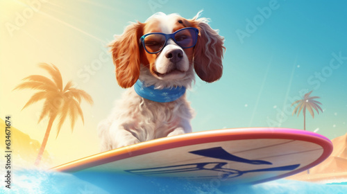 vacation dog animal puppy surfer ocean funny wave summer beach. Generative AI.