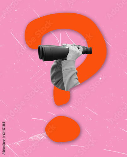 Contemporary art collage. Businessman looking through binoculars at a question mark.