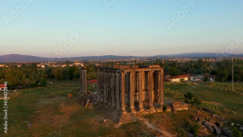 Aerial 4k videos of the ancient city of aizanoi and the temple of zeus in kutahya cavdarhisar district at sunset photo