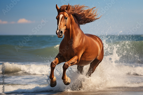 horse running along the sea.  