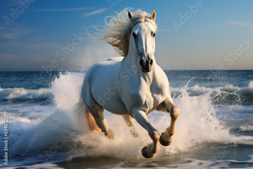 horse running along the sea.  