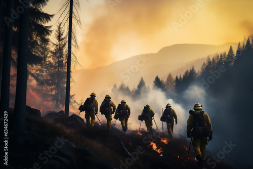 Group of firefighters put out a forest fire.   photo