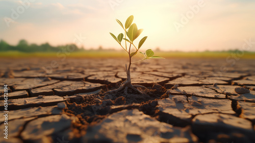 Lone tree sprouts on parched earth symbolizing climate crisis 