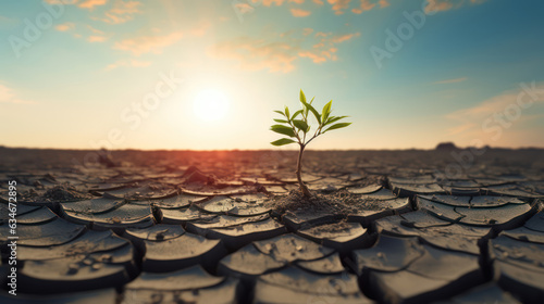 Foto Lone tree sprouts on parched earth symbolizing climate crisis