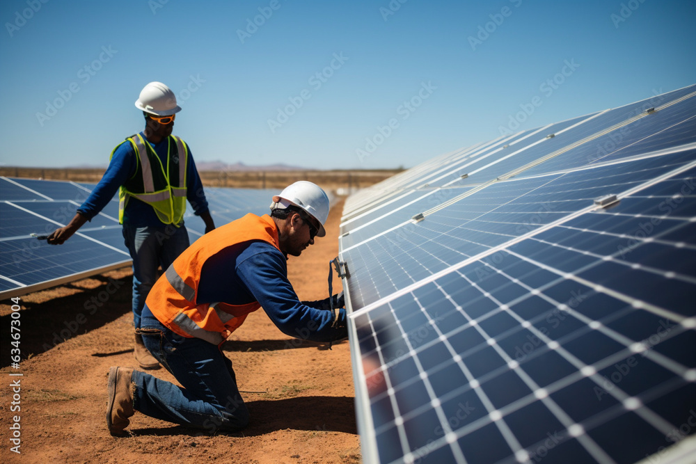 workers working on a solar farm. workers working on a solar farm.