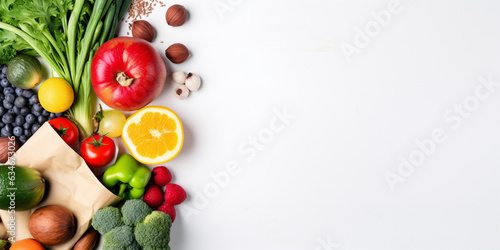 Vegan vegetarian food in paper bags with vegetables and fruits on a white background with empty copyspace for text. Generative AI © xartproduction
