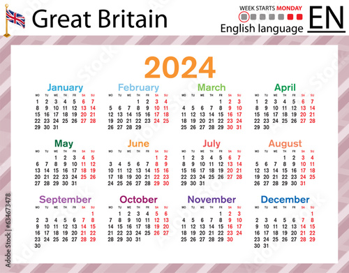 English horizontal pocket calendar for 2024. Week starts Monday