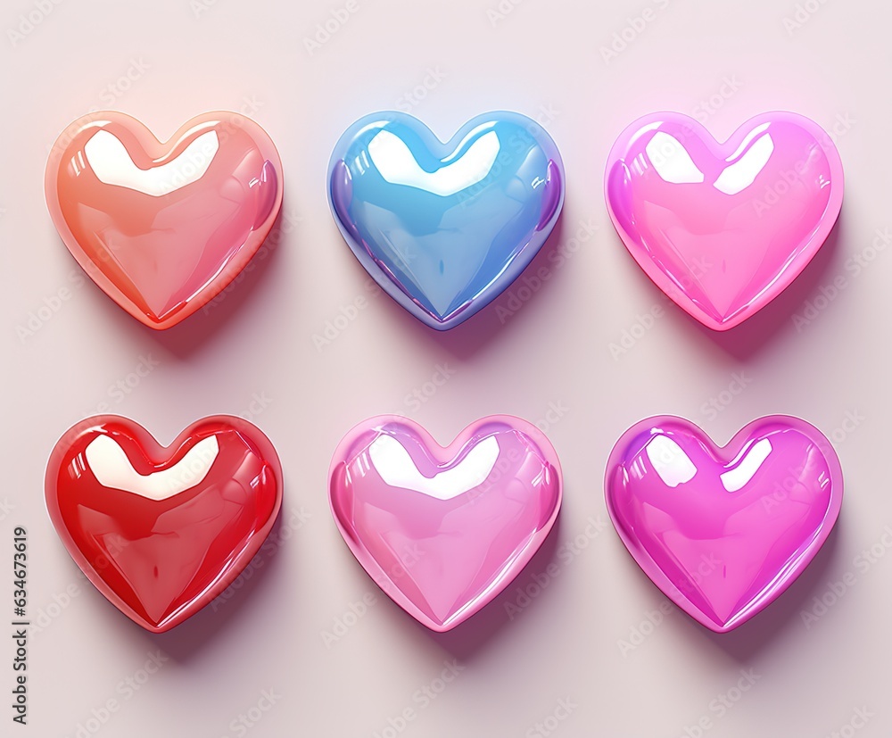 Colorful hearts 3d rendering collection romantic symbol love Valentines Day and Mothers Day, app icons, emoticons design Generative AI