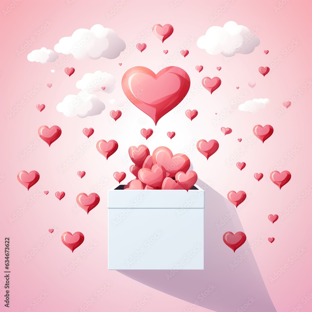 Flying valentines hearts from open gift box on pink background design concept for gifts, valentines love, greeting card, social media, sale flyer Generative AI