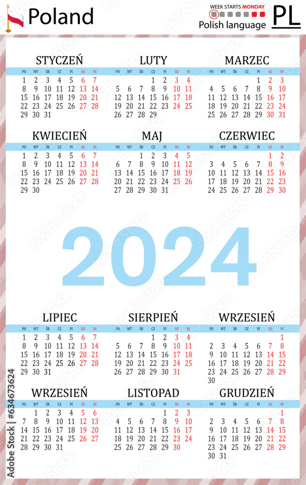 Polish vertical pocket calendar for 2024. Week starts Monday